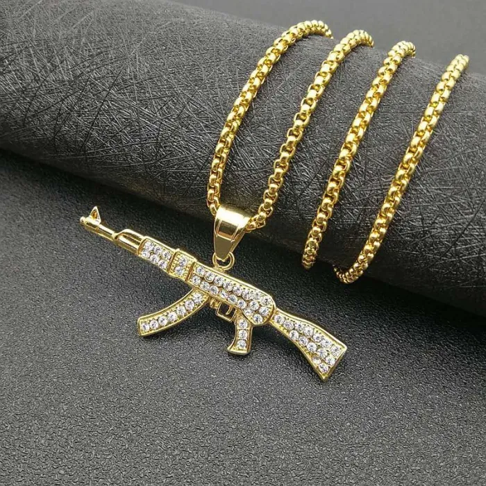 Wholesale Hip Hop Gold AK47 Pendant Necklace – Stainless Steel Rhinestone Jewelry Factory Price