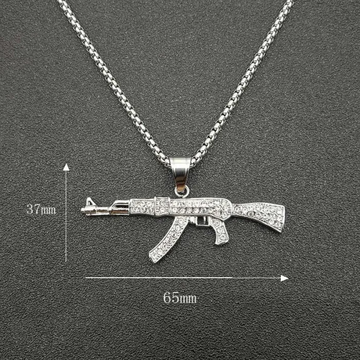 Wholesale Hip Hop Gold AK47 Pendant Necklace – Stainless Steel Rhinestone Jewelry Factory Price