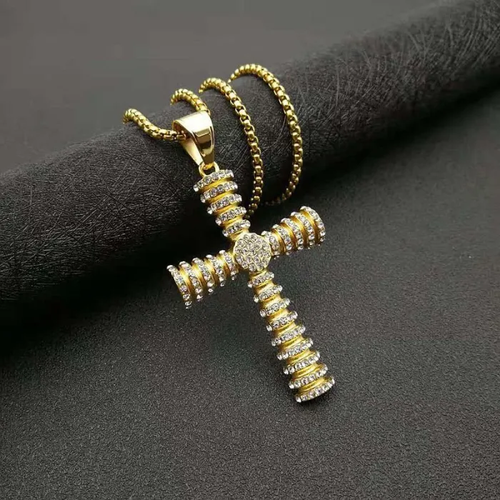 Wholesale Hip Hop Cross Pendant Necklace – Gold Plated Stainless Steel Zircon Jewelry Factory Price
