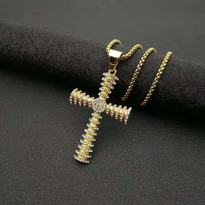 Wholesale Hip Hop Cross Pendant Necklace – Gold Plated Stainless Steel Zircon Jewelry Factory Price