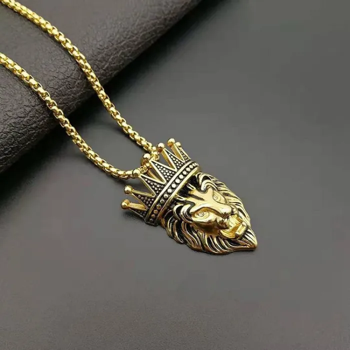 Wholesale Hip Hop Lion Head Crown Pendant Necklace – Gold Plated Stainless Steel Jewelry Factory Price