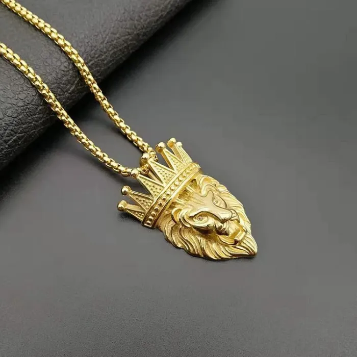 Wholesale Hip Hop Lion Head Crown Pendant Necklace – Gold Plated Stainless Steel Jewelry Factory Price