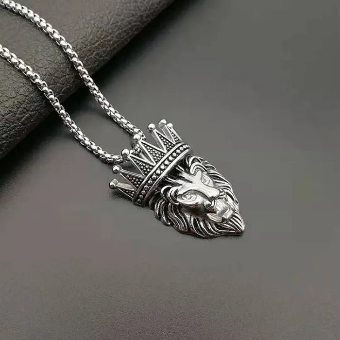 Wholesale Hip Hop Lion Head Crown Pendant Necklace – Gold Plated Stainless Steel Jewelry Factory Price