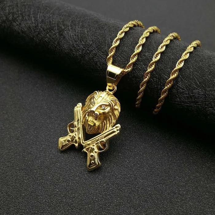 Wholesale Hip Hop Pistol Lion Head Pendant Necklace – Gold Plated Stainless Steel Jewelry Factory Price