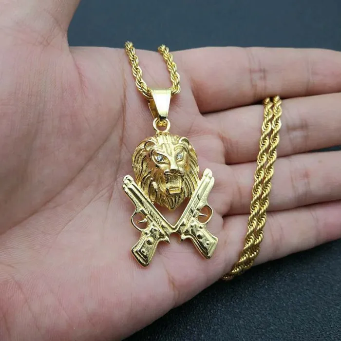 Wholesale Hip Hop Pistol Lion Head Pendant Necklace – Gold Plated Stainless Steel Jewelry Factory Price