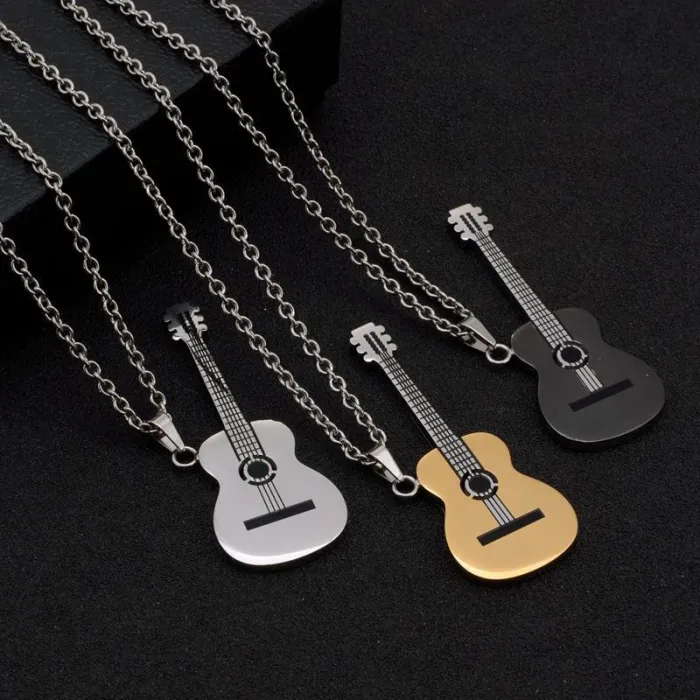 Wholesale Hip Hop Guitar Pendant Necklace – 18K Gold Plated Stainless Steel Men’s Jewelry Factory Price