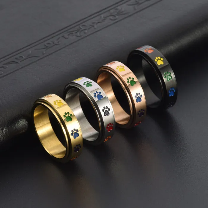 Wholesale Rainbow Spinner Ring – Stainless Steel Six-Color Band for Women Dog Print Jewelry Factory Price