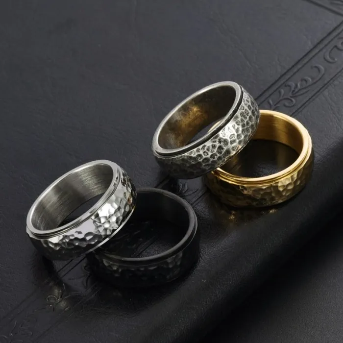 Wholesale Honeycomb Spinner Ring – Stainless Steel Hammered Texture Men’s Jewelry Factory Price