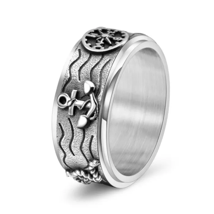 Wholesale Pirate Anchor Compass Spinner Ring – Vintage Stainless Steel Punk Style Men’s Jewelry Factory Price