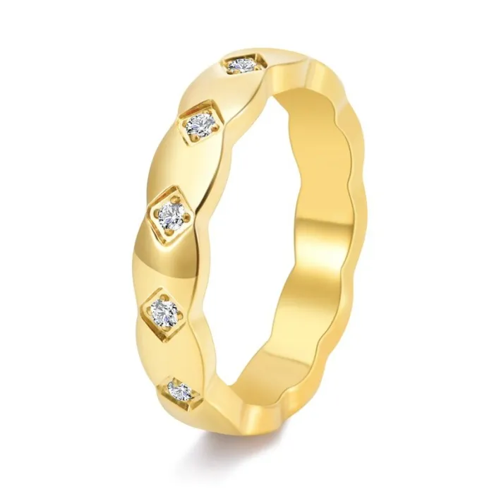 Wholesale Rainbow CZ Couple Ring – 18K Gold Stainless Steel Diamond Pattern Jewelry Factory Price