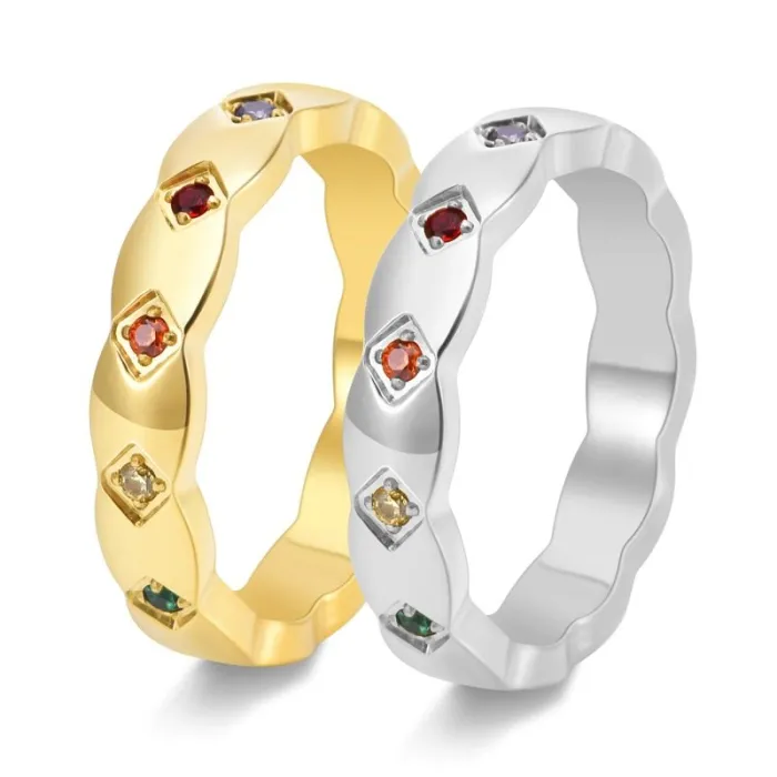 Wholesale Rainbow CZ Couple Ring – 18K Gold Stainless Steel Diamond Pattern Jewelry Factory Price