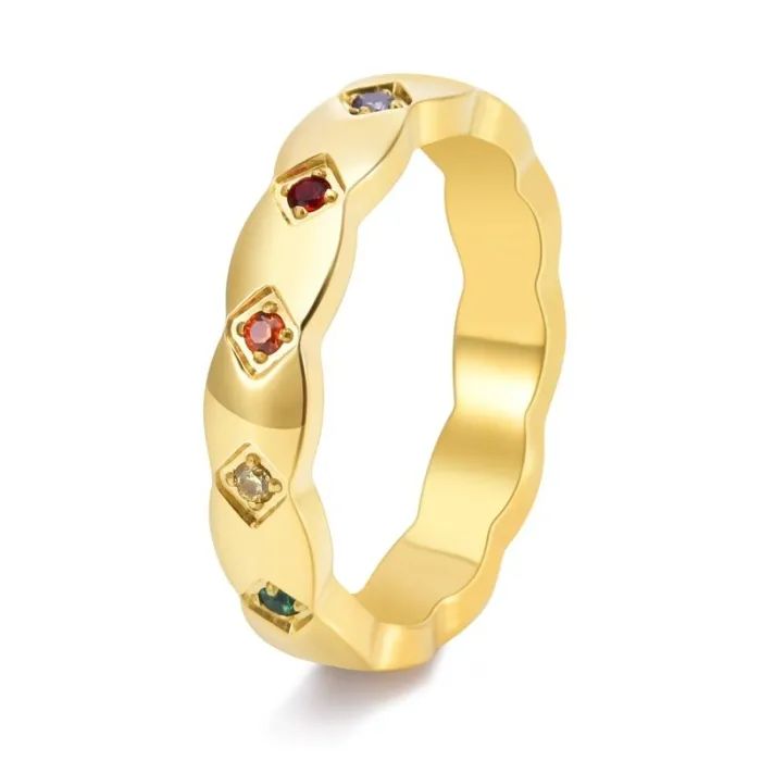Wholesale Rainbow CZ Couple Ring – 18K Gold Stainless Steel Diamond Pattern Jewelry Factory Price