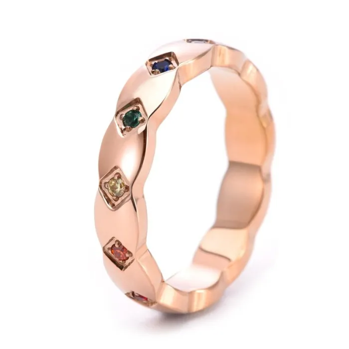 Wholesale Rainbow CZ Couple Ring – 18K Gold Stainless Steel Diamond Pattern Jewelry Factory Price