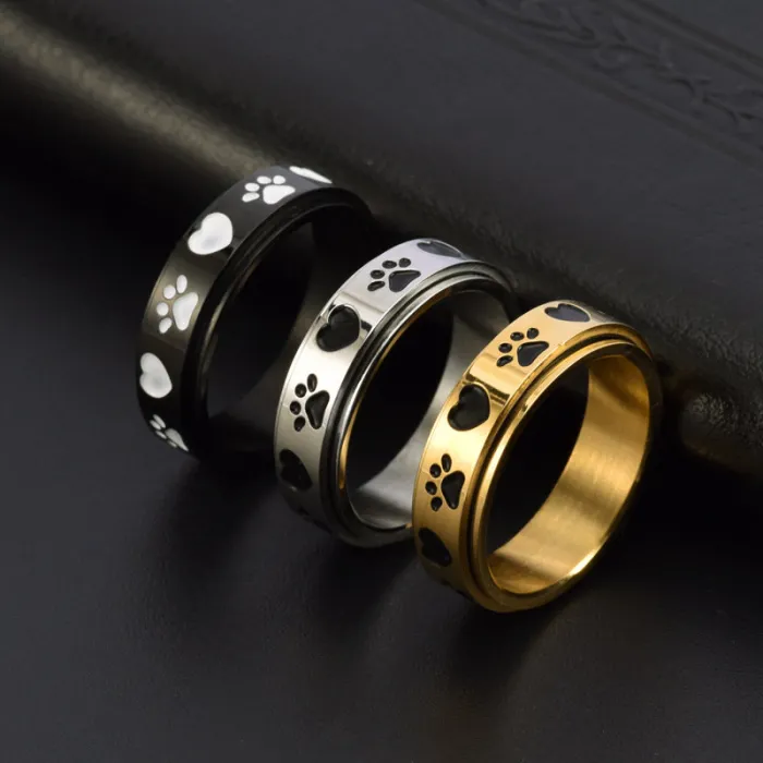 Wholesale Heart Dog Print Spinner Ring – Stainless Steel Rotating Band for Women Cute Jewelry Factory Price