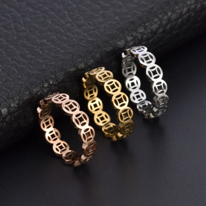 Wholesale Hollow Coin Spinner Ring – 18K Gold Stainless Steel Lucky Money Band for Women Jewelry Factory Price