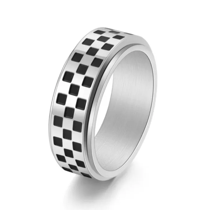 Wholesale Checkerboard Spinner Ring – Black White Stainless Steel Rotating Band for Men Factory Price