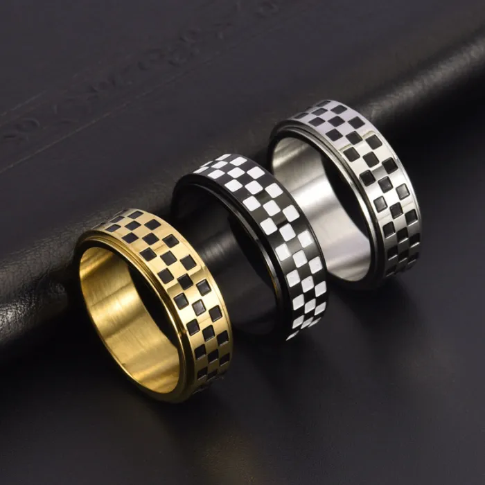 Wholesale Checkerboard Spinner Ring – Black White Stainless Steel Rotating Band for Men Factory Price