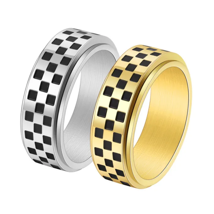 Wholesale Checkerboard Spinner Ring – Black White Stainless Steel Rotating Band for Men Factory Price