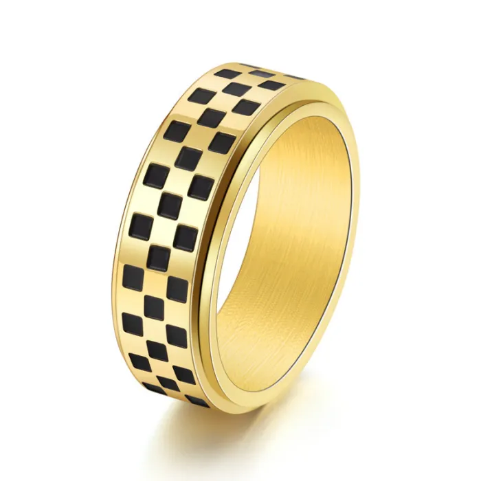 Wholesale Checkerboard Spinner Ring – Black White Stainless Steel Rotating Band for Men Factory Price