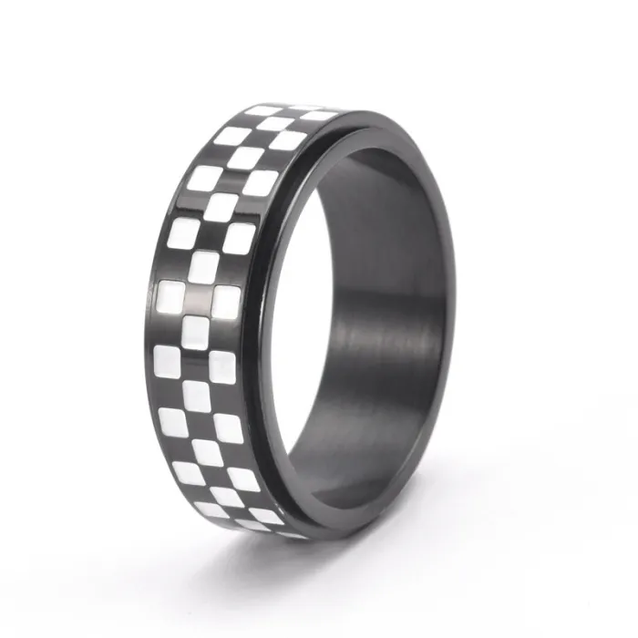 Wholesale Checkerboard Spinner Ring – Black White Stainless Steel Rotating Band for Men Factory Price