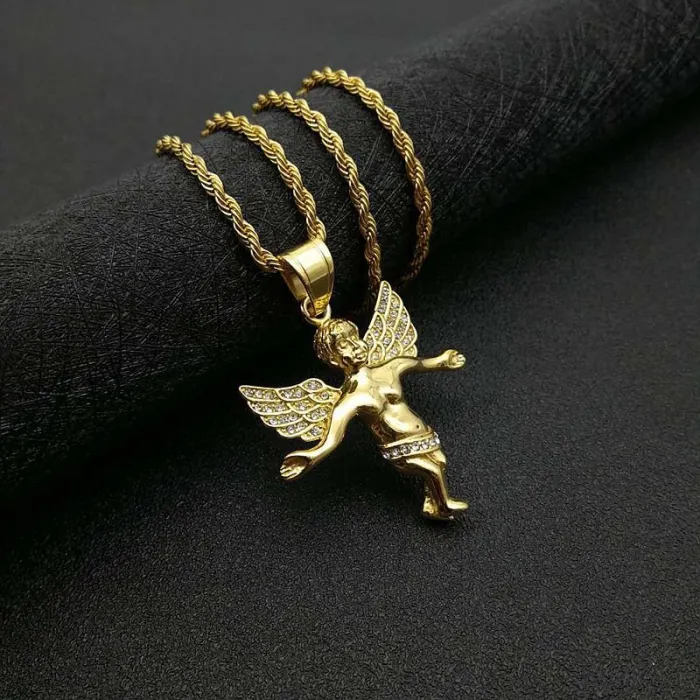 Wholesale Gold Plated Titanium Steel Angel Pendant Necklace – Hip Hop Iced Out Jewelry Bulk Supplier Factory Price
