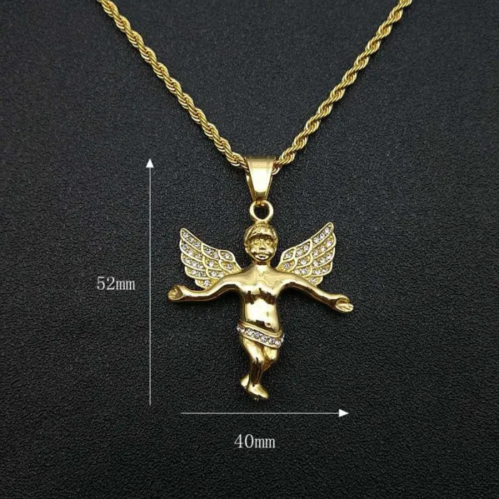 Wholesale Gold Plated Titanium Steel Angel Pendant Necklace – Hip Hop Iced Out Jewelry Bulk Supplier Factory Price