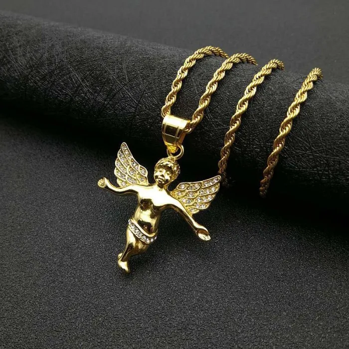 Wholesale Gold Plated Titanium Steel Angel Pendant Necklace – Hip Hop Iced Out Jewelry Bulk Supplier Factory Price