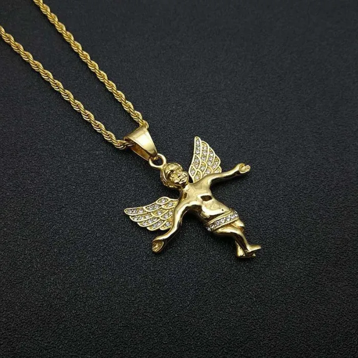 Wholesale Gold Plated Titanium Steel Angel Pendant Necklace – Hip Hop Iced Out Jewelry Bulk Supplier Factory Price