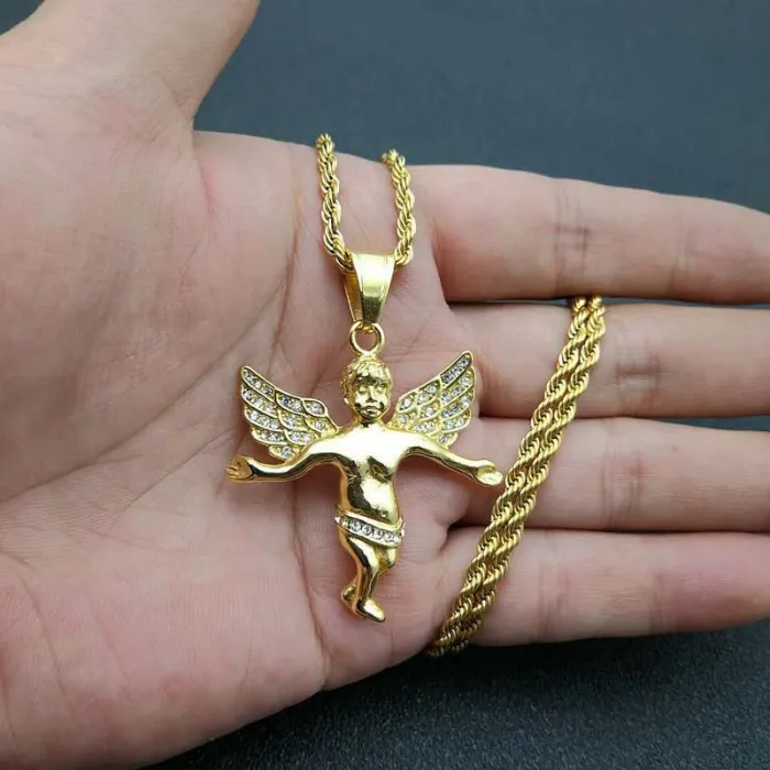 Wholesale Gold Plated Titanium Steel Angel Pendant Necklace – Hip Hop Iced Out Jewelry Bulk Supplier Factory Price