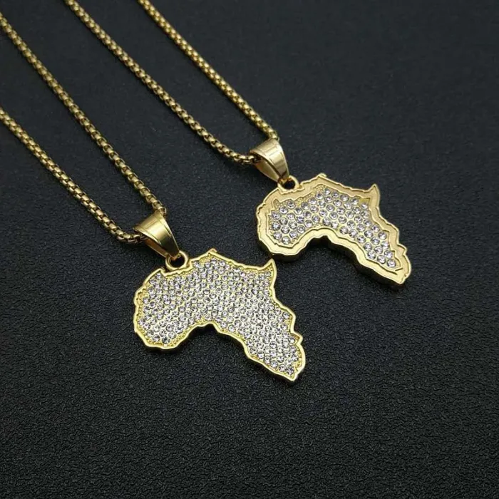 Wholesale Gold Plated Titanium Steel Africa Map Pendant Necklace – Hip Hop Iced Out Jewelry Bulk Supplier Factory Price