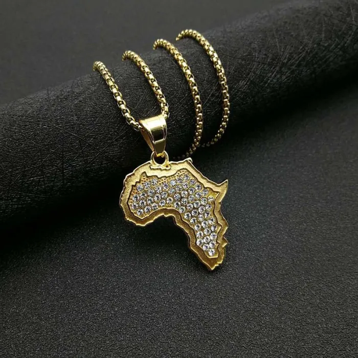 Wholesale Gold Plated Titanium Steel Africa Map Pendant Necklace – Hip Hop Iced Out Jewelry Bulk Supplier Factory Price