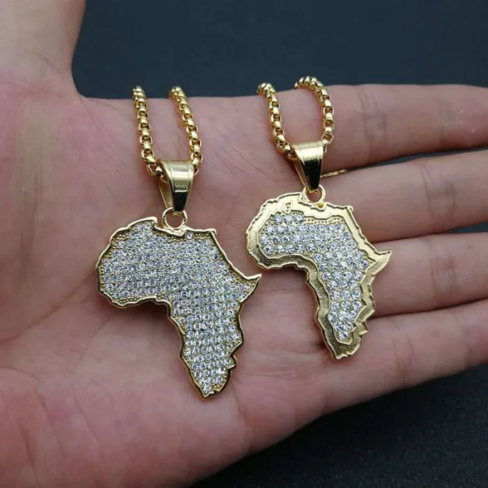 Wholesale Gold Plated Titanium Steel Africa Map Pendant Necklace – Hip Hop Iced Out Jewelry Bulk Supplier Factory Price