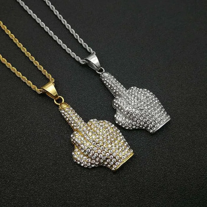 Wholesale Gold Plated Titanium Steel Middle Finger Fist Pendant Necklace – Hip Hop Iced Out Jewelry Bulk Supplier Factory Price