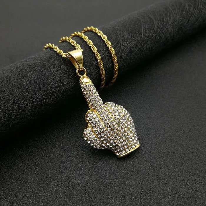 Wholesale Gold Plated Titanium Steel Middle Finger Fist Pendant Necklace – Hip Hop Iced Out Jewelry Bulk Supplier Factory Price