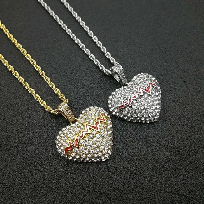 Wholesale Gold Plated Titanium Steel Broken Heartbeat Pendant Necklace – Hip Hop Iced Out Jewelry Bulk Supplier Factory Price