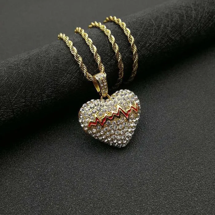 Wholesale Gold Plated Titanium Steel Broken Heartbeat Pendant Necklace – Hip Hop Iced Out Jewelry Bulk Supplier Factory Price