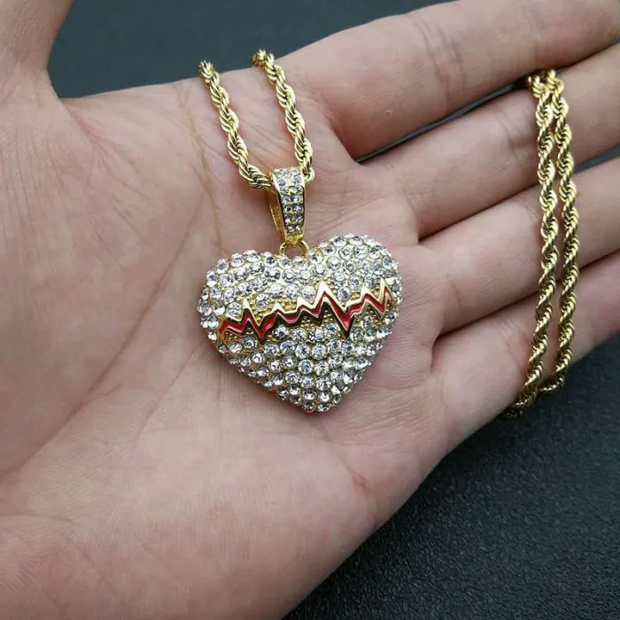 Wholesale Gold Plated Titanium Steel Broken Heartbeat Pendant Necklace – Hip Hop Iced Out Jewelry Bulk Supplier Factory Price