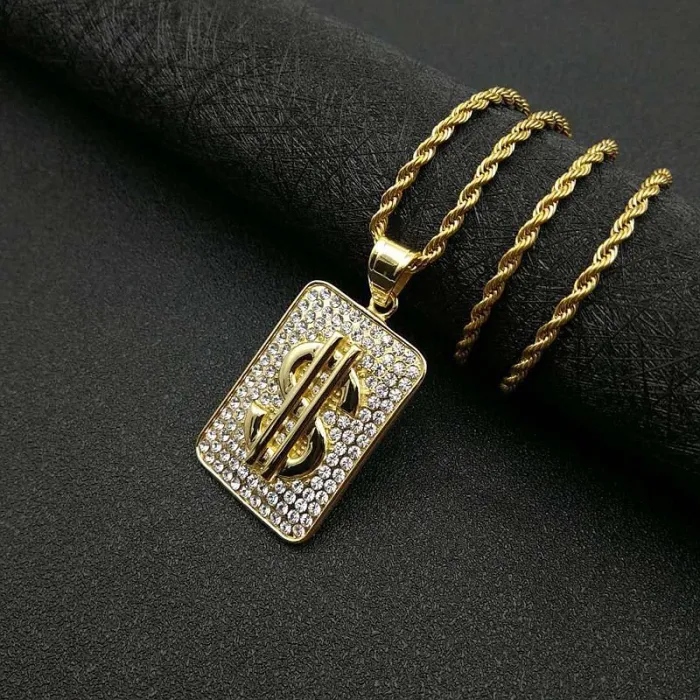 Wholesale Gold Plated Titanium Steel Dollar Sign Pendant Necklace – Hip Hop Iced Out Jewelry Bulk Supplier Factory Price