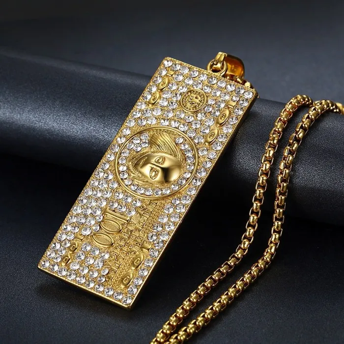 Wholesale Gold Plated Titanium Steel Dollar Pendant Necklace – Hip Hop Iced Out Jewelry Bulk Supplier Factory Price