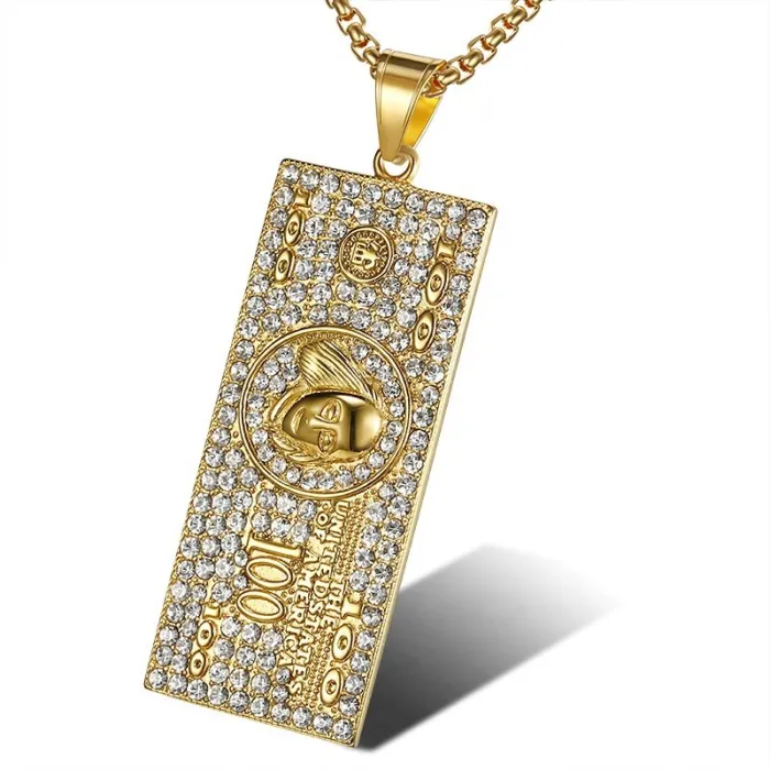 Wholesale Gold Plated Titanium Steel Dollar Pendant Necklace – Hip Hop Iced Out Jewelry Bulk Supplier Factory Price
