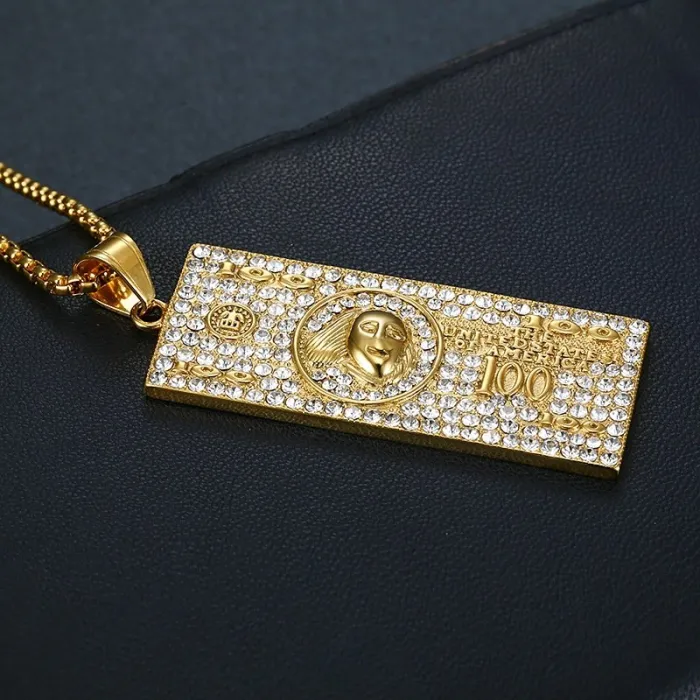 Wholesale Gold Plated Titanium Steel Dollar Pendant Necklace – Hip Hop Iced Out Jewelry Bulk Supplier Factory Price