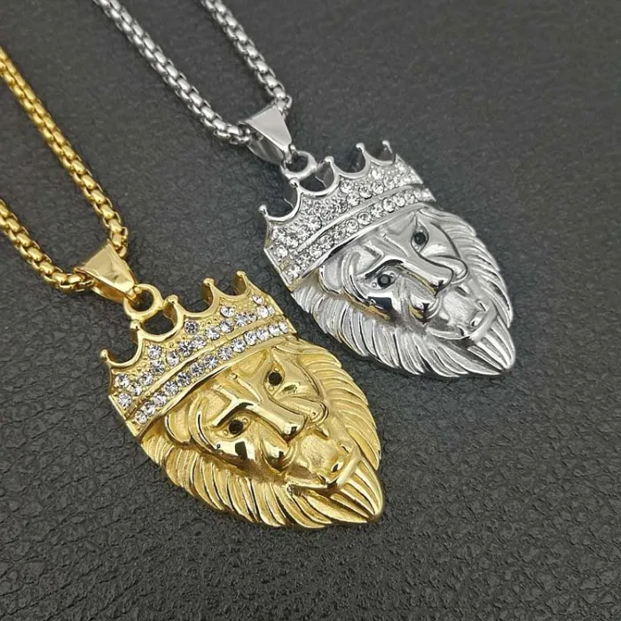 Wholesale Gold Plated Titanium Steel Crown Lion Head Pendant Necklace – Hip Hop Iced Out Jewelry Bulk Supplier Factory Price