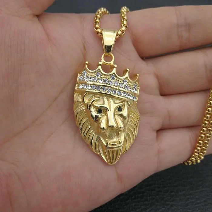 Wholesale Gold Plated Titanium Steel Crown Lion Head Pendant Necklace – Hip Hop Iced Out Jewelry Bulk Supplier Factory Price