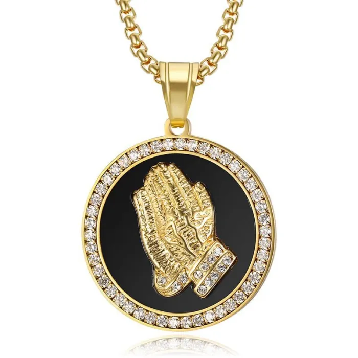 Wholesale Gold Plated Titanium Steel Praying Hands Pendant Necklace with Cubic Zirconia – Hip Hop Jewelry Bulk Supplier Factory Price