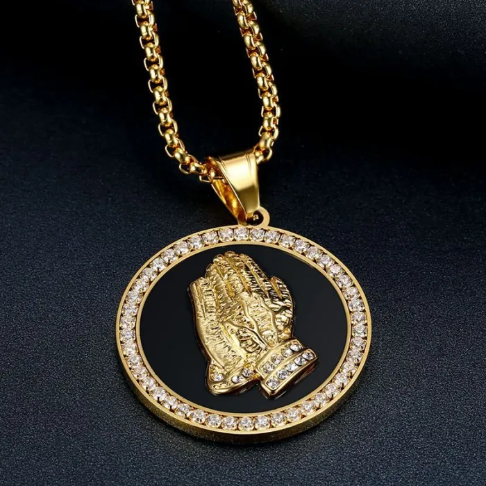 Wholesale Gold Plated Titanium Steel Praying Hands Pendant Necklace with Cubic Zirconia – Hip Hop Jewelry Bulk Supplier Factory Price