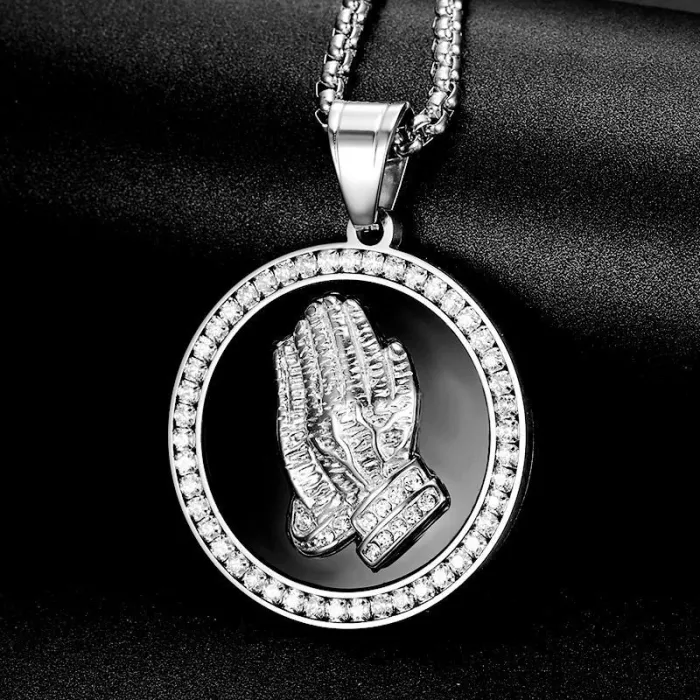 Wholesale Gold Plated Titanium Steel Praying Hands Pendant Necklace with Cubic Zirconia – Hip Hop Jewelry Bulk Supplier Factory Price