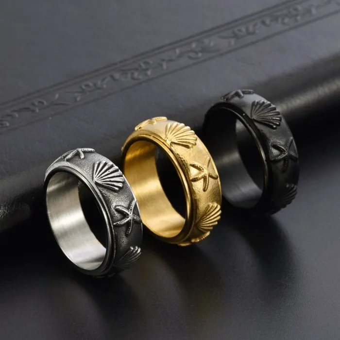 Wholesale Ocean Series Stainless Steel Spinner Ring – Starfish & Shell Design Men’s Vintage Jewelry Factory Price