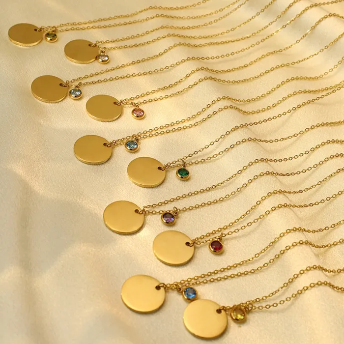 Wholesale December Birthstone Necklace – Custom Stainless Steel Round Pendant with Laser Engraved Name