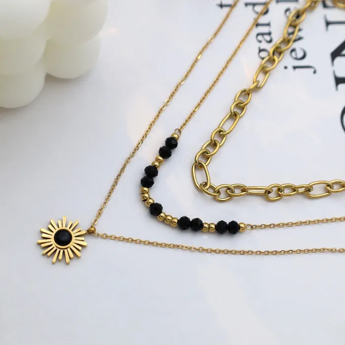 Layered Black Beaded Sun Pendant Necklace – Trendy Multi-Strand Choker for Women