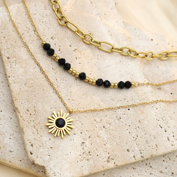 Layered Black Beaded Sun Pendant Necklace – Trendy Multi-Strand Choker for Women